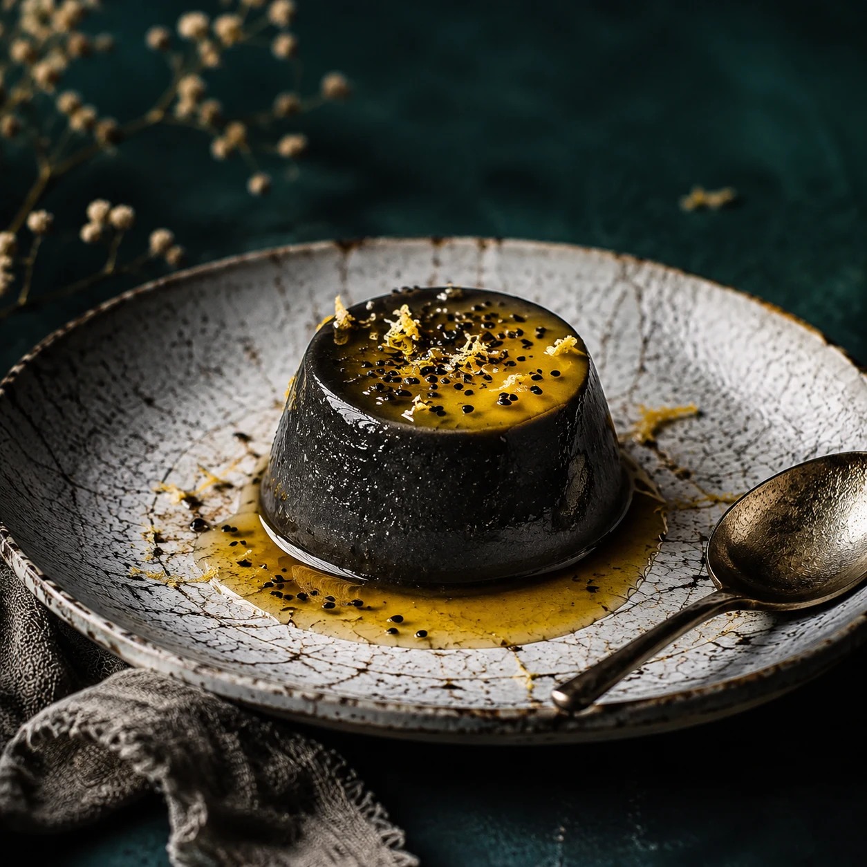 Black sesame panna cotta editorial food image generated with GPT Image 2