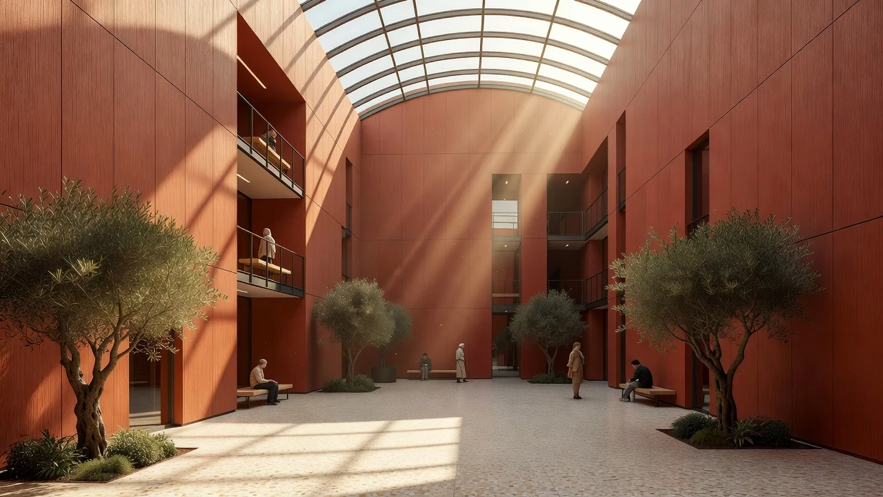 Architekturkonzept eines urbanen Bibliotheksatriums generiert mit Grok Image 2