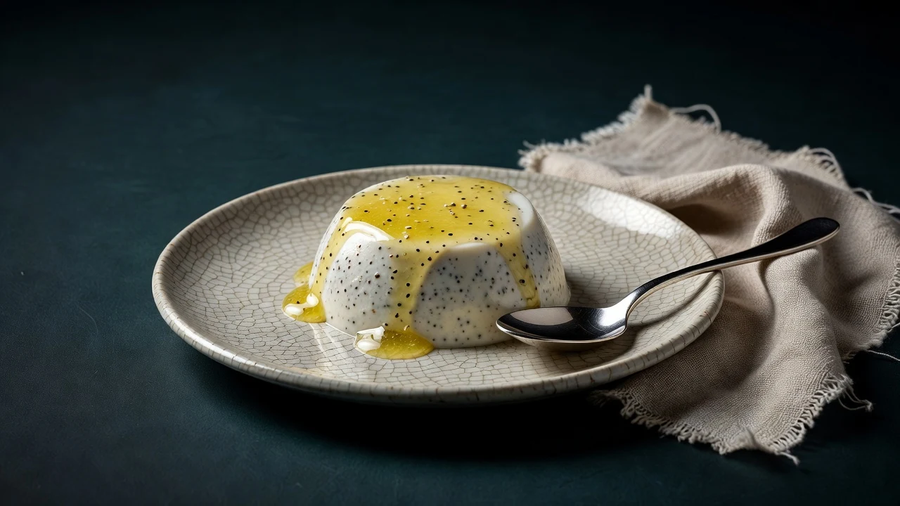 Editorial-Foodfoto von schwarzer Sesam-Panna-cotta generiert mit Grok Image 2