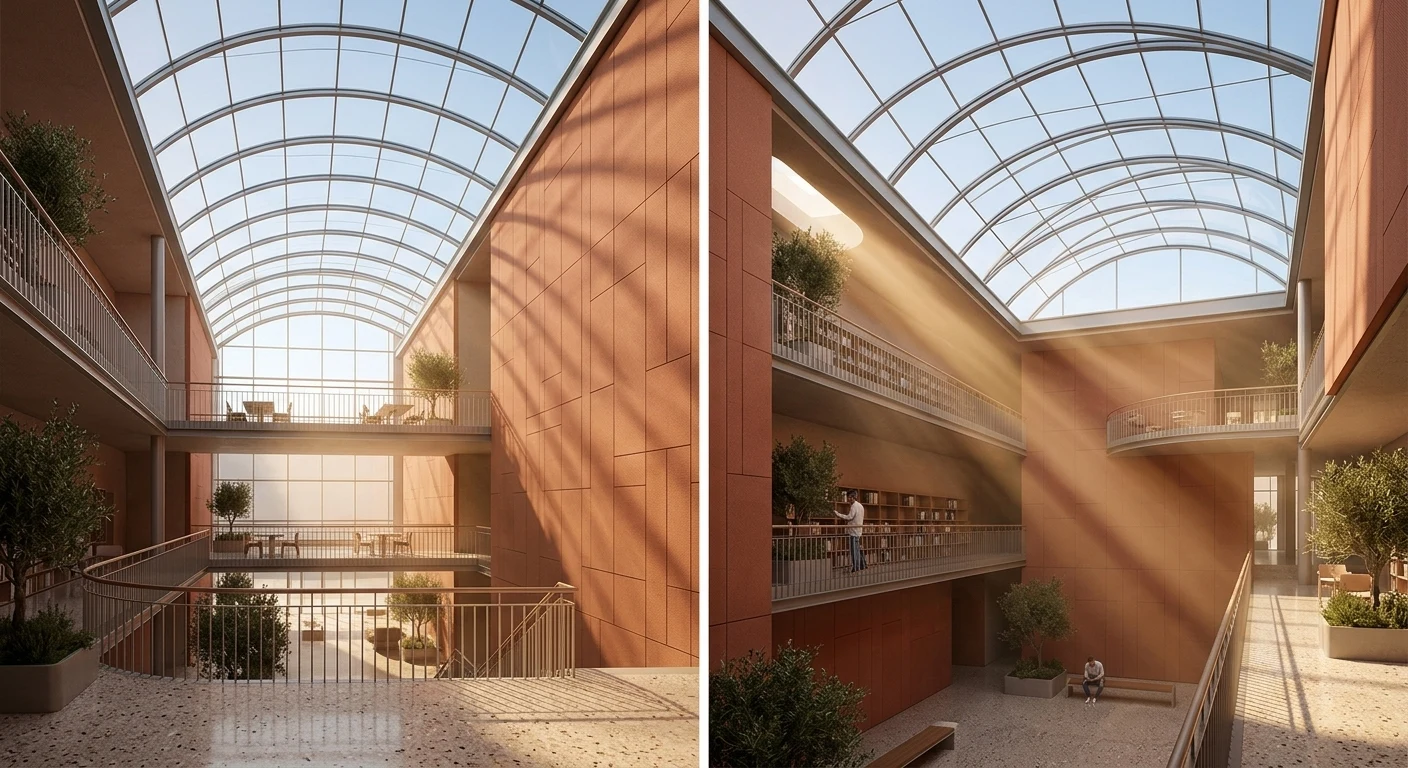 Architekturkonzept eines urbanen Bibliotheksatriums generiert mit Nano Banana 2
