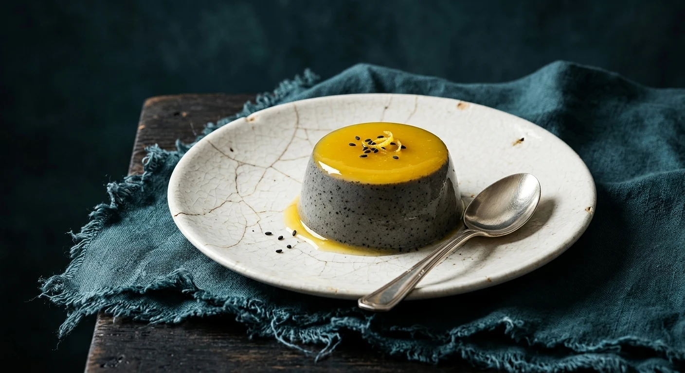Editorial-Foodfoto von schwarzer Sesam-Panna-cotta generiert mit Nano Banana 2